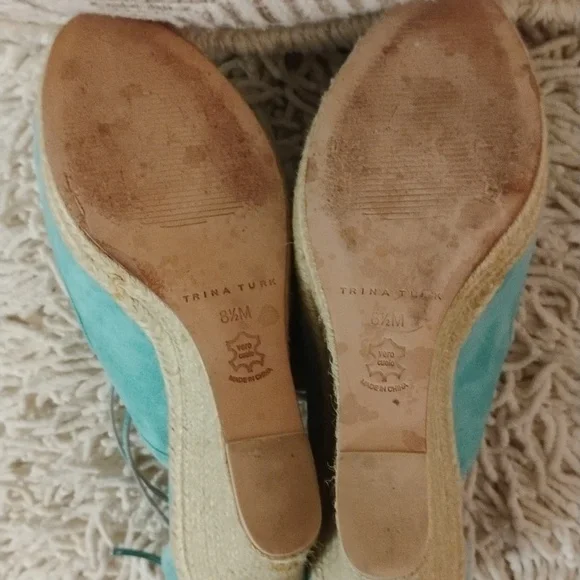 Trina Turk Turquoise Suede Leather Lace up Ankle Wrap Wedge Sandals - Picture 10 of 12